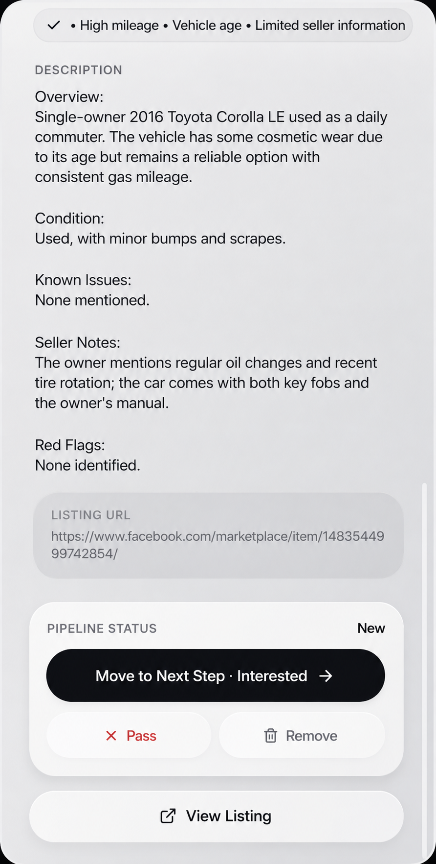 Vehicle intelligence detail view